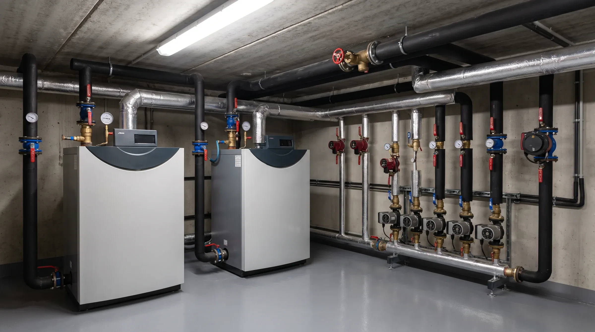 Chaufferie collective rénovée en sous-sol : deux chaudières gaz à condensation au sol, collecteur, pompes de circulation et tuyauteries calorifugées.
